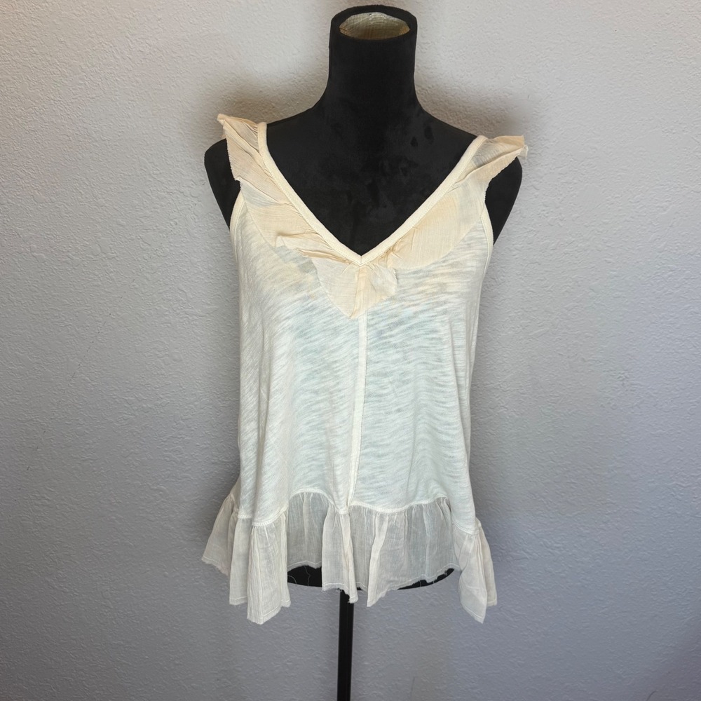American Eagle Cream Ruffle V-Neck Tank Top Sleeveless Gauze Hem XS